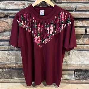 Vintage Jerzees Maroon Beaded Tassel Crewneck Short Sleeve Tee Grid Tag